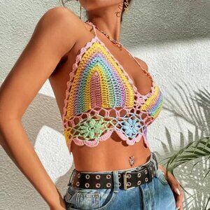 ROMWE Crochet Floral Detail Cropped Halter Top SZ M